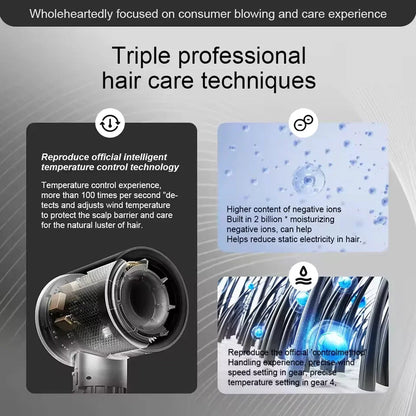 TempComi Hair Dryer product with text on professional hair care techniques and features.