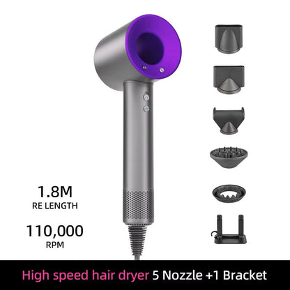 High-speed TempComi Hair Dryer with multiple nozzles and a bracket on a white background