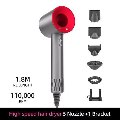 High-speed TempComi Hair Dryer with multiple nozzles and a bracket on a white background