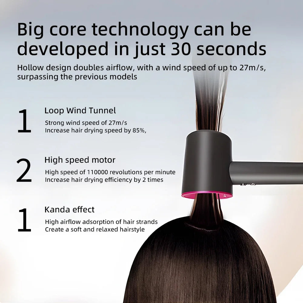 TempComi Hair Dryer with text highlighting features like loop wind tunnel, high-speed motor, and Kanda effect.