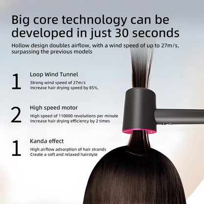 TempComi Hair Dryer with text highlighting features like loop wind tunnel, high-speed motor, and Kanda effect.
