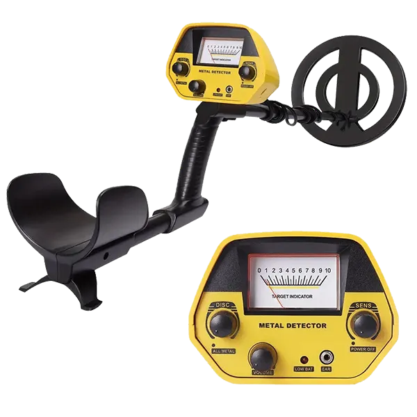 Yellow TeroTera Metal Detector with two control panels on a white background