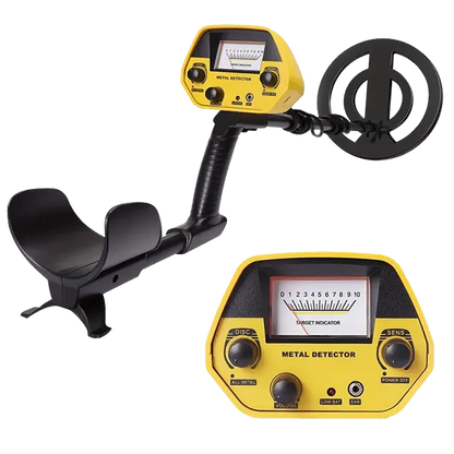 Yellow TeroTera Metal Detector with two control panels on a white background