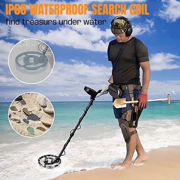 Person using a TeroTera Metal Detector on a beach with text about an IP68 waterproof search coil.