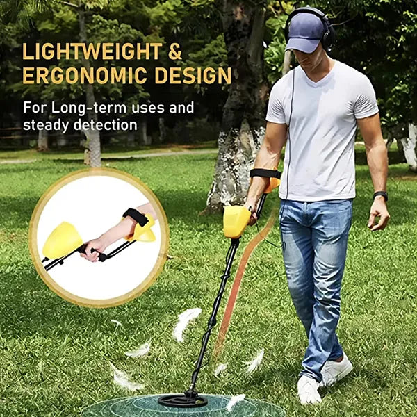 Person using a TeroTera Metal Detector in a grassy area with text highlighting design features.