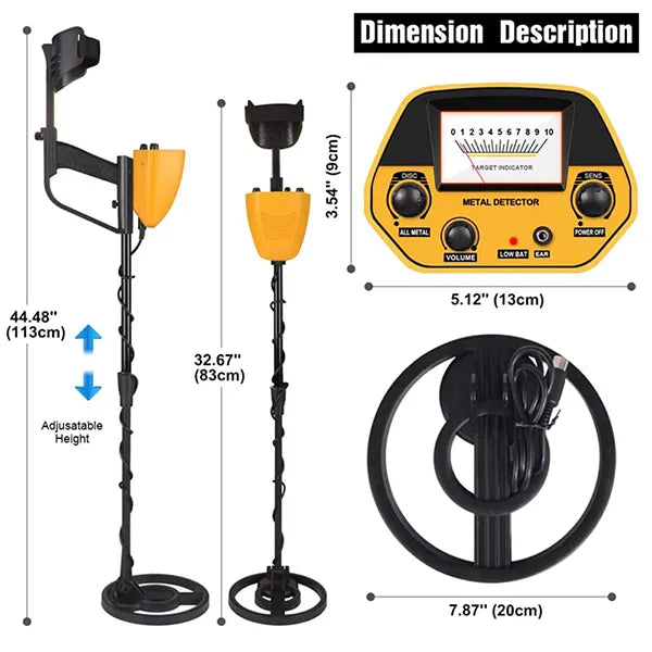 TeroTera Metal Detector with adjustable height, two sensors, and control panel dimensions displayed.