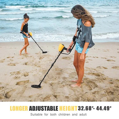 Two people using TeroTera Metal Detector on a beach with ocean waves in the background.