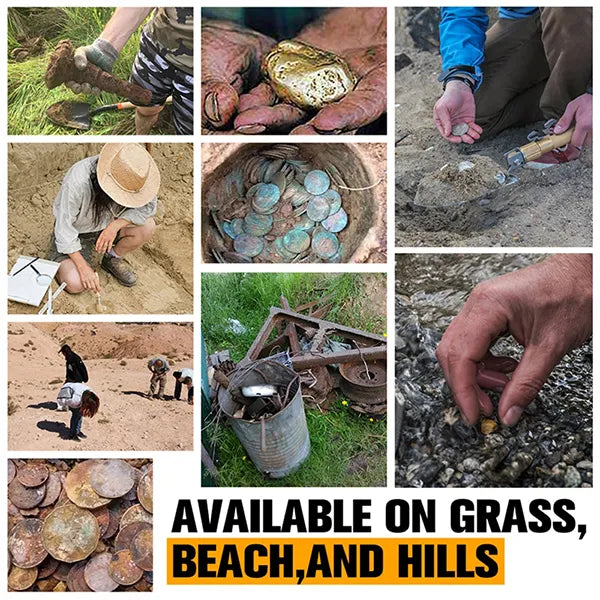 Collage of archaeological activities with text 'Available on Grass, Beach, and Hills'.