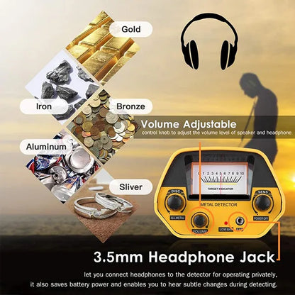 TeroTera Metal Detector with features highlighted, including volume adjustment, headphone jack, and material detection examples.