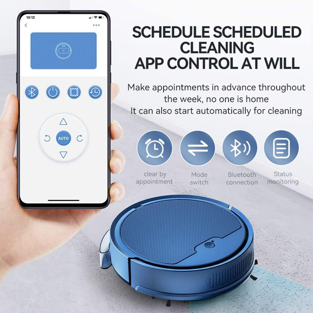 Blue TidyRobo Robot Vacuum cleaner with smartphone app control on a light gray surface
