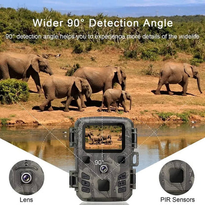 TrackaPix Wildlife Camera with 90-degree detection angle displayed over an image of elephants in a natural setting.