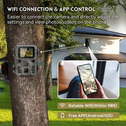 TrackaPix Wildlife Camera mounted on a tree with smartphone app control feature displayed.
