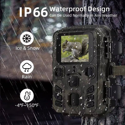 Waterproof TrackaPix Wildlife Camera with a screen displaying a squirrel, surrounded by rain and snow symbols, on a dark background.