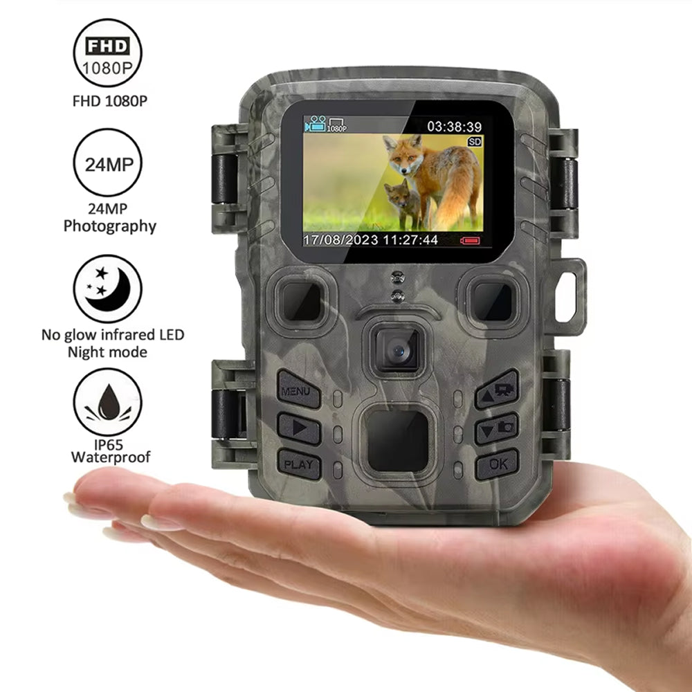 Camouflage TrackaPix Wildlife Camera held in a hand with features listed on a white background