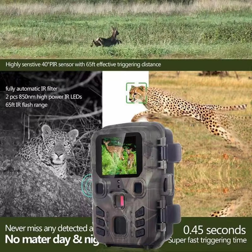 Leopard TrackaPix Wildlife Camera with images of leopards in a natural setting, highlighting features like sensitivity and triggering distance.