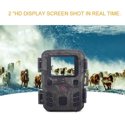 Camouflage-patterned TrackaPix Wildlife Camera with a screen displaying animals in a snowy landscape.