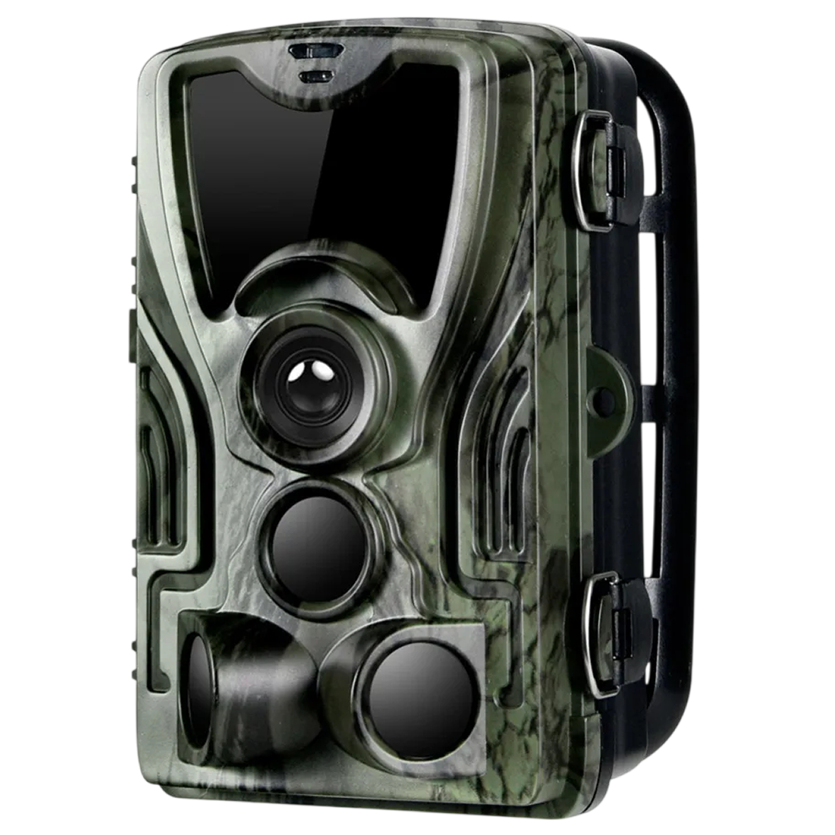 A TrailyEye Trail Camera with a green and black camouflage pattern, featuring a large front lens, secondary lenses, and a black carrying handle on the side, shown against a plain white background.