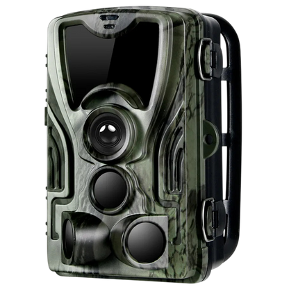 A TrailyEye Trail Camera with a green and black camouflage pattern, featuring a large front lens, secondary lenses, and a black carrying handle on the side, shown against a plain white background.