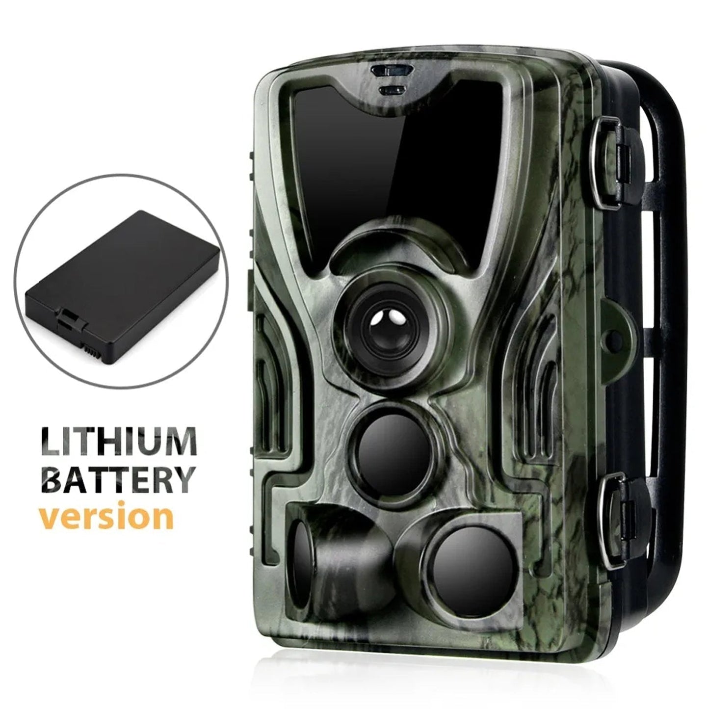 A green and black TrailyEye Trail Cameraa shown on a white background, with a circular inset of a black lithium battery and text reading 'LITHIUM BATTERY version'.