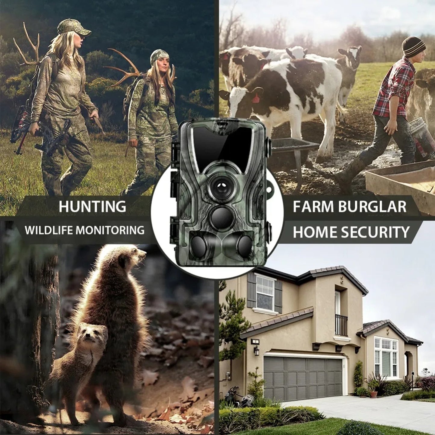 Collage of a wildlife monitoring TrailyEye Trail Camera with hunting, farm security, and home security contexts.