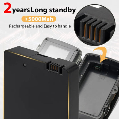 Black rechargeable power bank battery with gold trim, shown open with text overlays reading '2 years Long standby', '5000Mah', and 'Rechargeable and Easy to handle', plus a circular inset showing the connector pins.