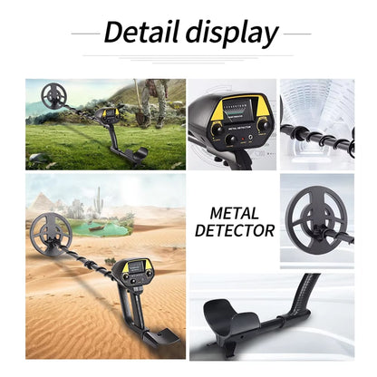 TreaXpert Metal Detector with various components and usage scenarios displayed.