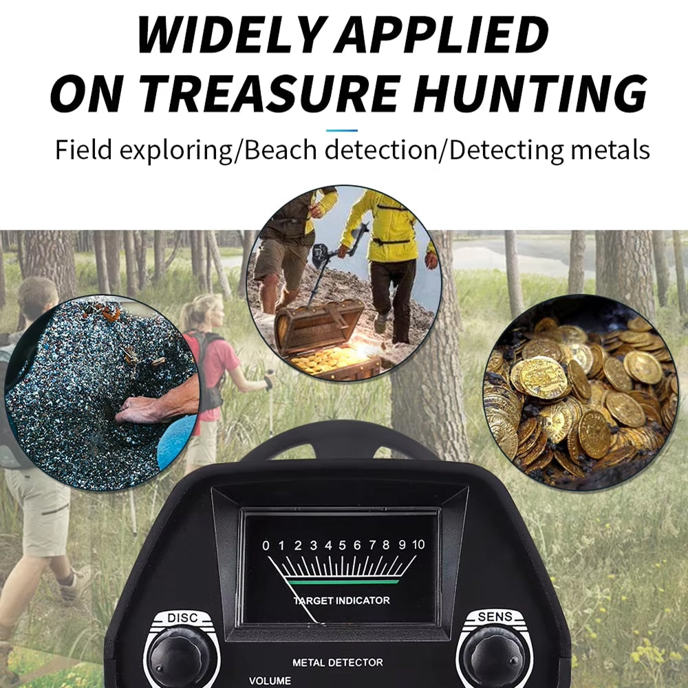 TreaXpert Metal Detector with images of people using it for treasure hunting and detecting metals.