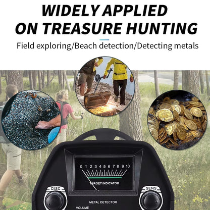 TreaXpert Metal Detector with images of people using it for treasure hunting and detecting metals.