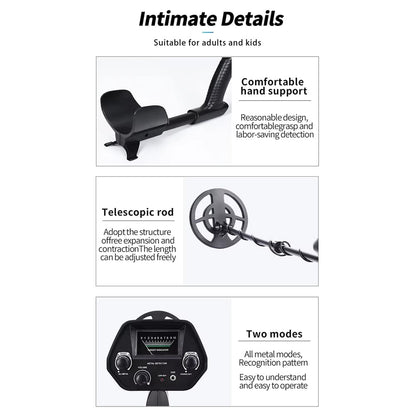 TreaXpert Metal Detector with features highlighted on a white background