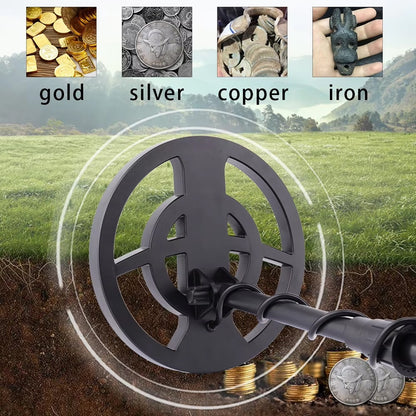 TreaXpert Metal Detector with images of gold, silver, copper, and iron above it, set against a scenic background.