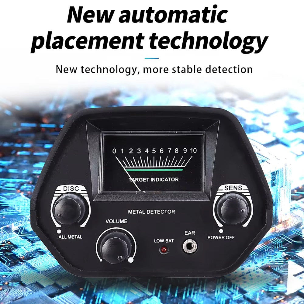 TreaXpert Metal Detector with control panel and display on a blurred circuit board background