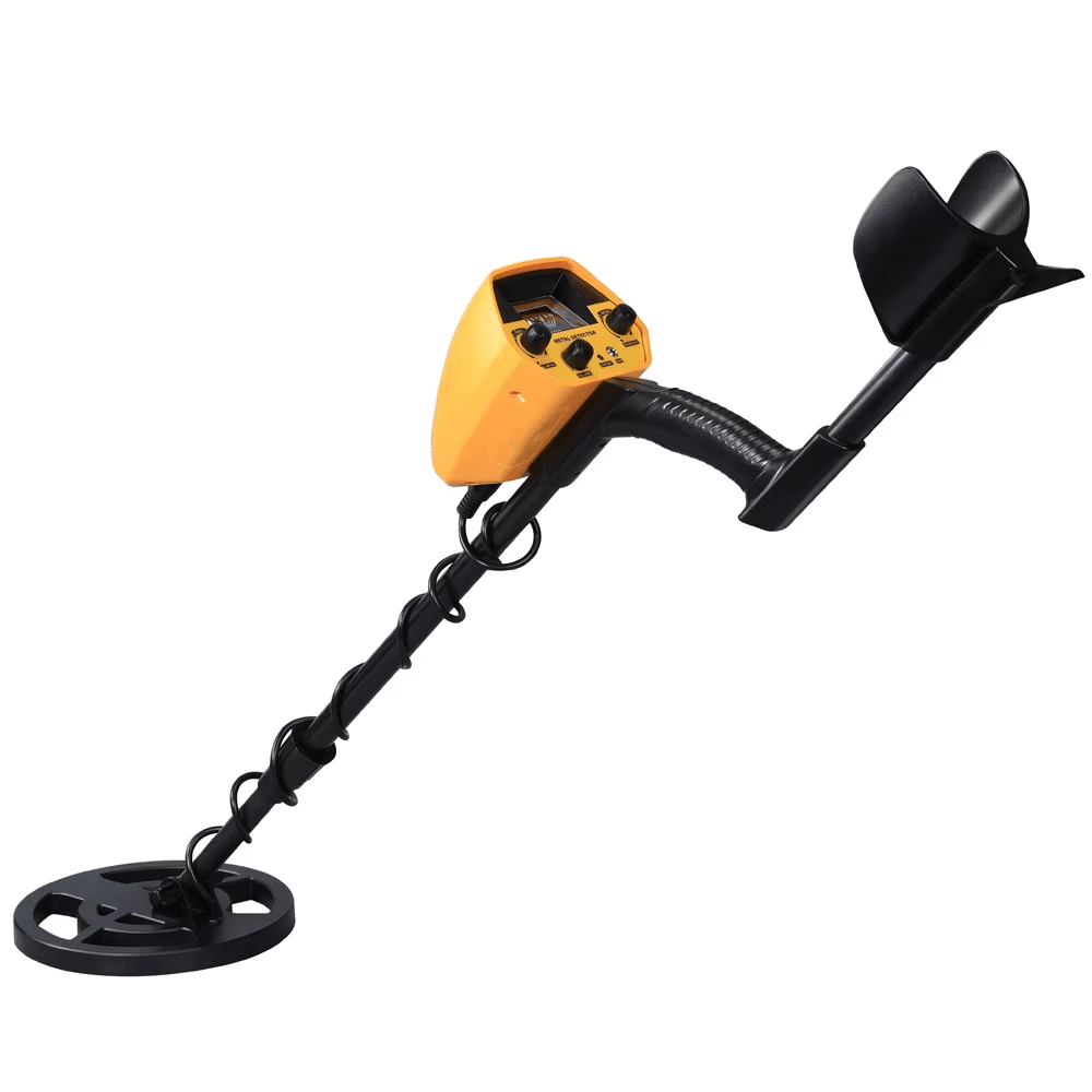 TreaXpert Metal Detector with yellow display and black handle on a white background