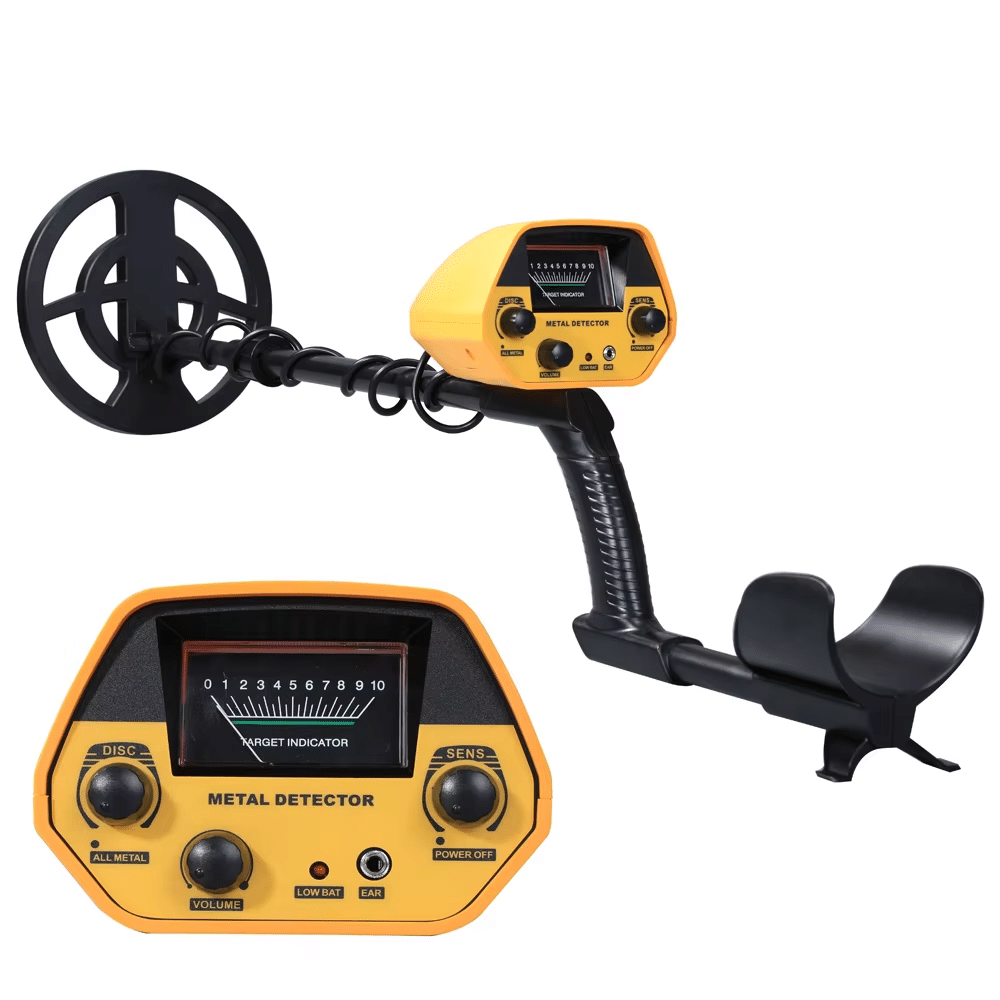 Yellow TreaXpert Metal Detector with black search coil on a white background