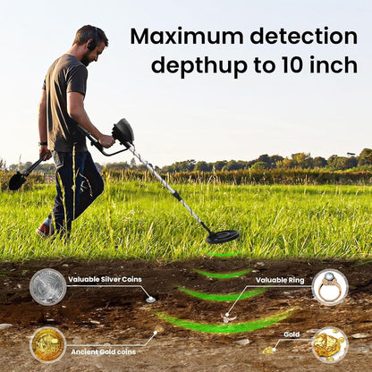 Person using a Trexorax Metal Detector in a field with detected items illustrated on the ground.