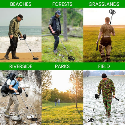 Man using a Trexorax Metal Detector in various outdoor settings including beaches, forests, grasslands, riverside, parks, and field.