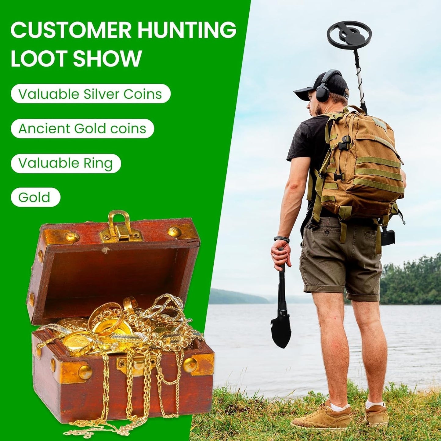 Person with Trexorax Metal Detector near a lake, with text about treasure hunting and a treasure chest with gold on a green background.