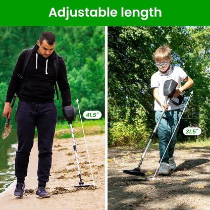 Two people using adjustable Trexorax Metal Detector outdoors with labeled measurements.