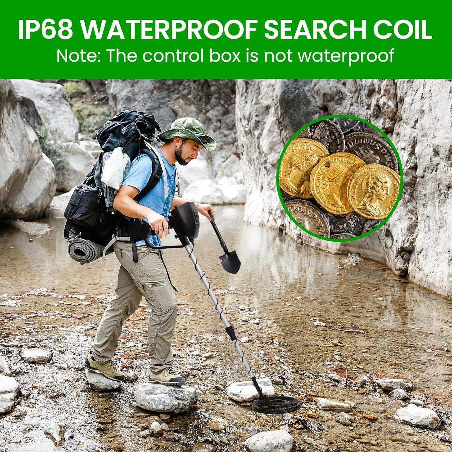 Person using a Trexorax Metal Detector in a rocky stream with inset of found coins.