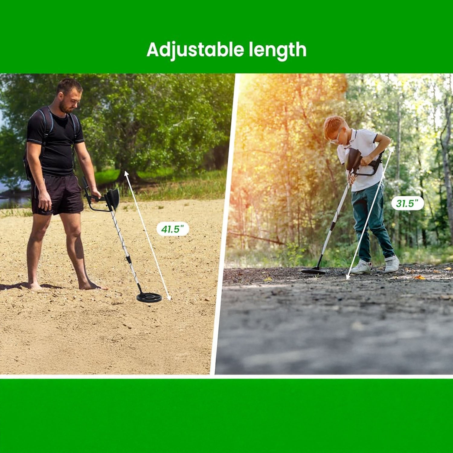 Two people using adjustable Trexorax Metal Detector outdoors with measurement labels.