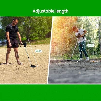 Two people using adjustable Trexorax Metal Detector outdoors with measurement labels.