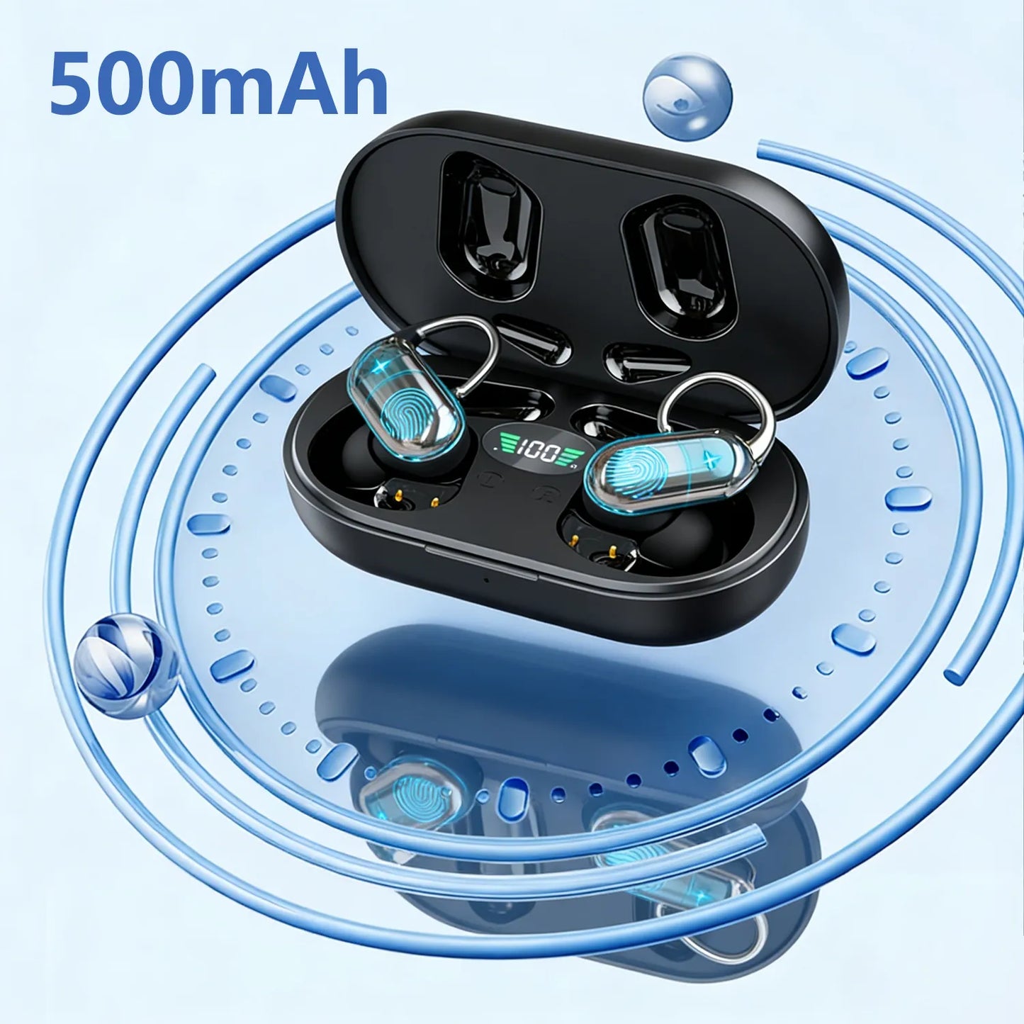 Truevista AI Translation Earbuds with charging case on a light blue background, highlighting 500mAh capacity.