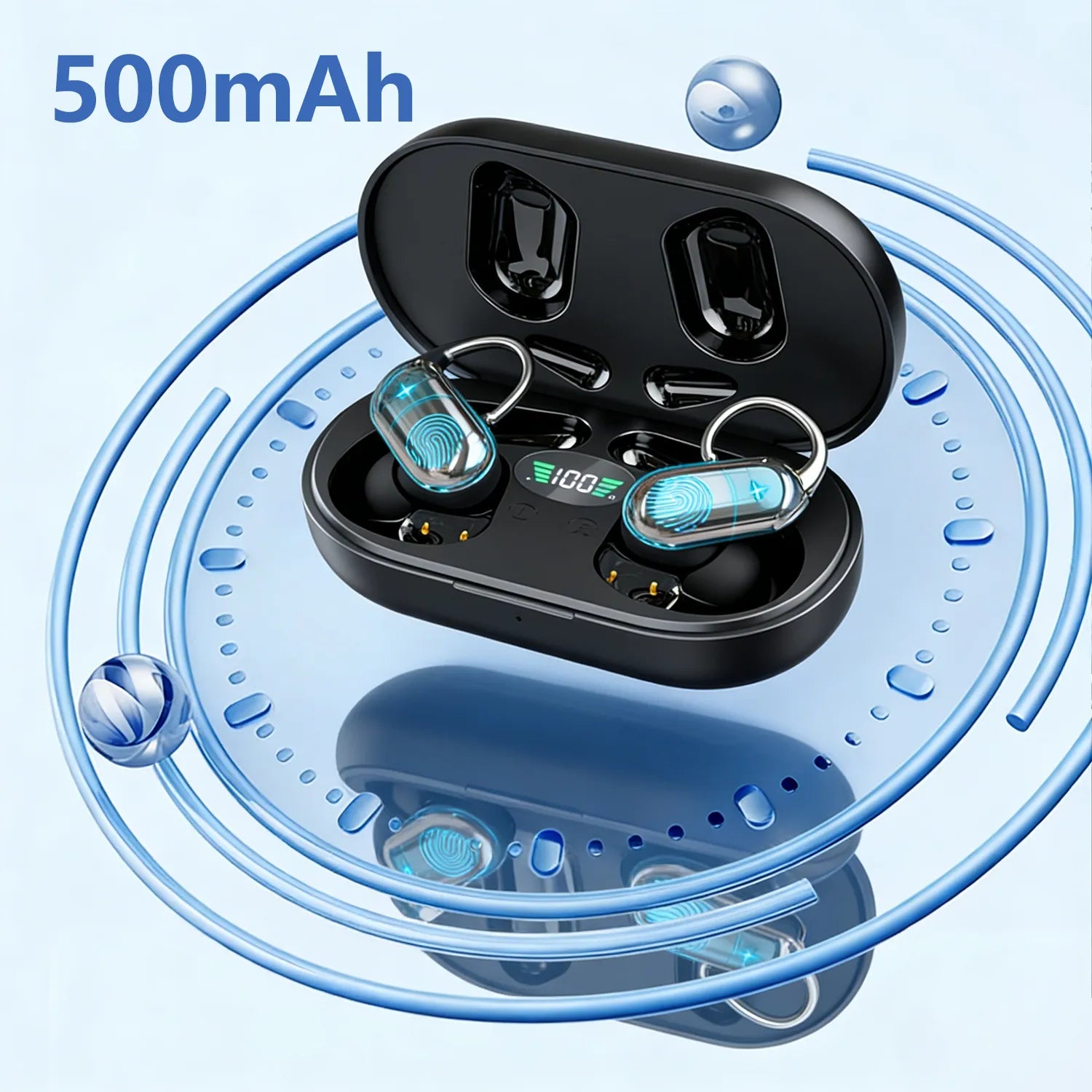 Truevista AI Translation Earbuds with charging case on a light blue background, highlighting 500mAh capacity.