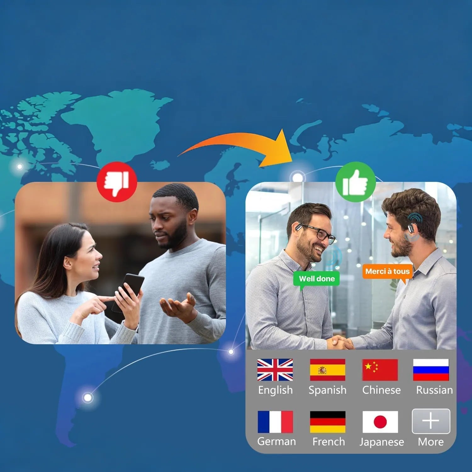 Two people using a translation app with a world map background and language flags displayed.
