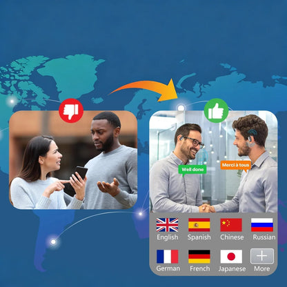 Two people using a translation app with a world map background and language flags displayed.
