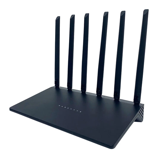 Black VAKODA Wi-Fi Router with multiple antennas on a white background
