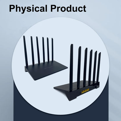 Two black electronic VAKODA Wi-Fi Router with multiple antennas on a gray background