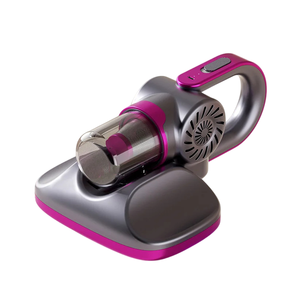 Handheld VaciMatri Mattress Vacuum Cleaner with pink and gray design on a white background