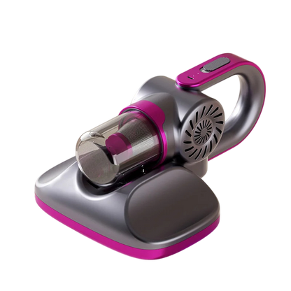 Handheld VaciMatri Mattress Vacuum Cleaner with pink and gray design on a white background