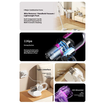 Multifunctional VaciMatri Mattress Vacuum Cleaner with various features highlighted on a white background