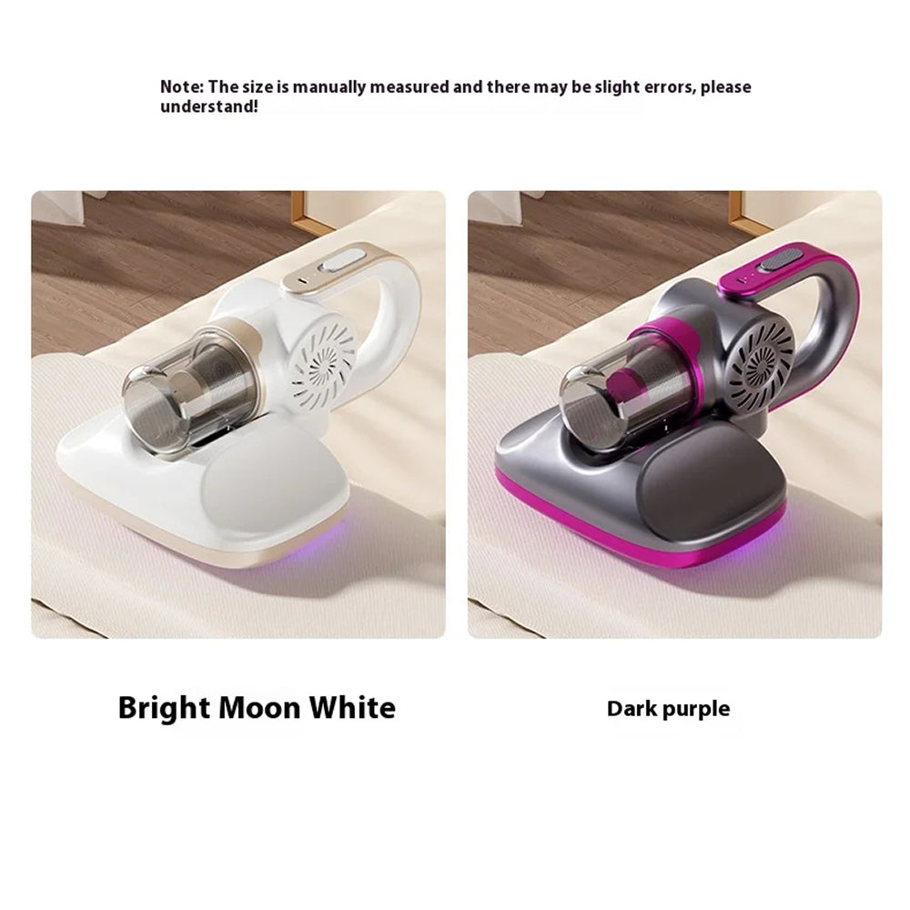 Two handheld VaciMatri Mattress Vacuum Cleaner, one bright moon white and one dark purple, on a wooden surface.